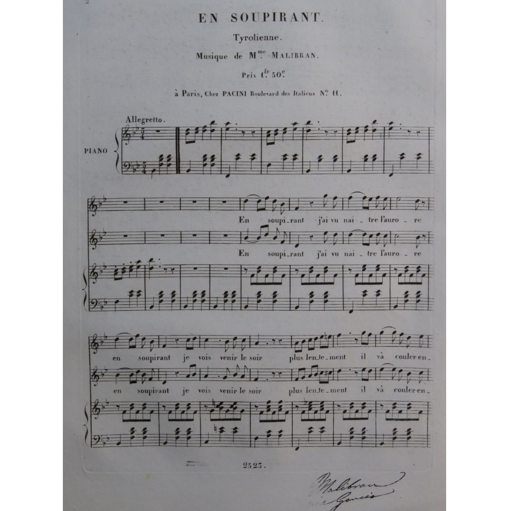 MALIBRAN Marie En Soupirant Chant Piano ca1830
