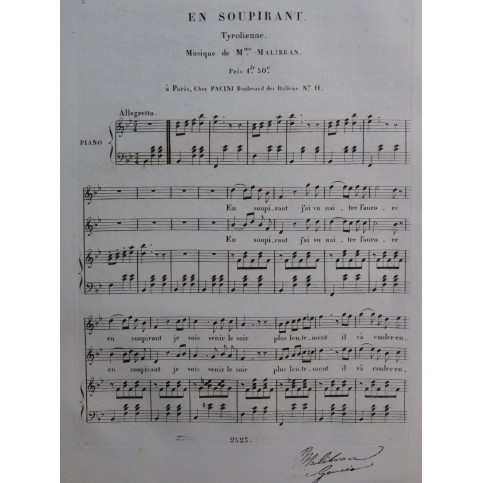 MALIBRAN Marie En Soupirant Chant Piano ca1830