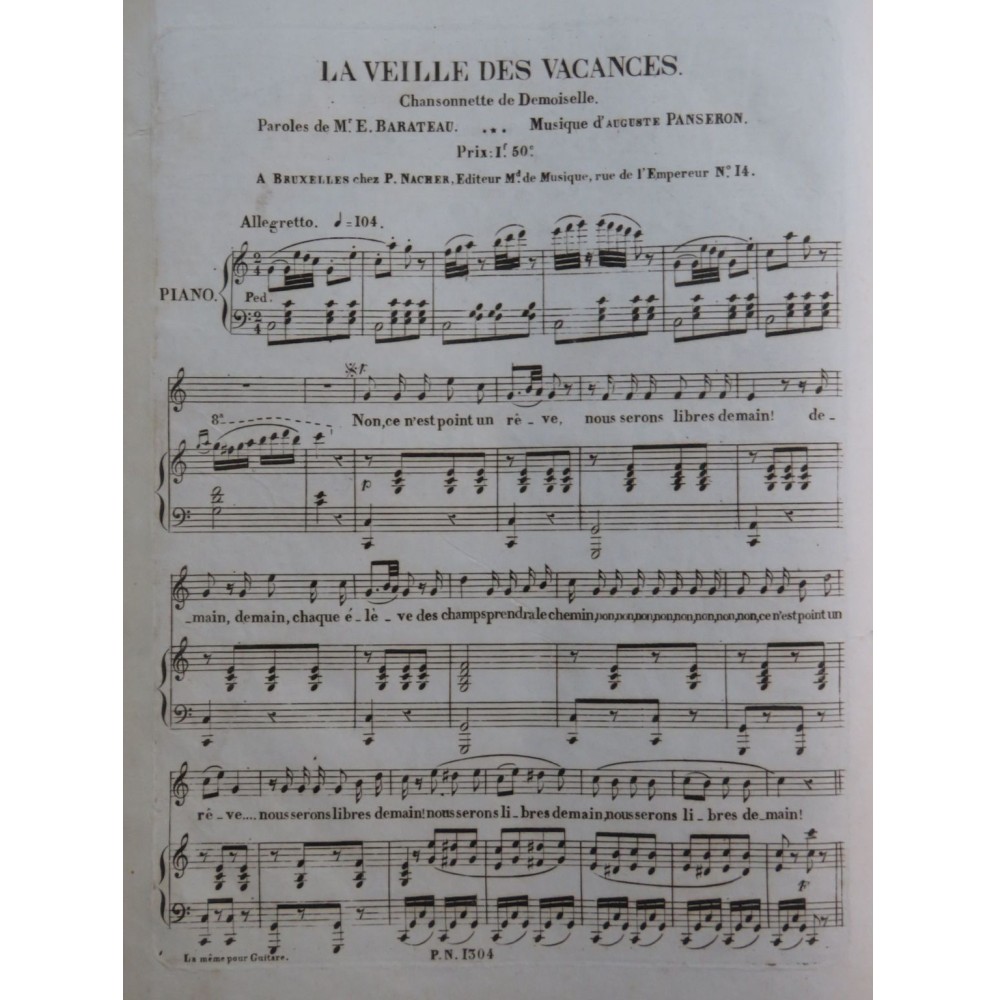 PANSERON Auguste La Veille des Vacances Chant Piano ca1840