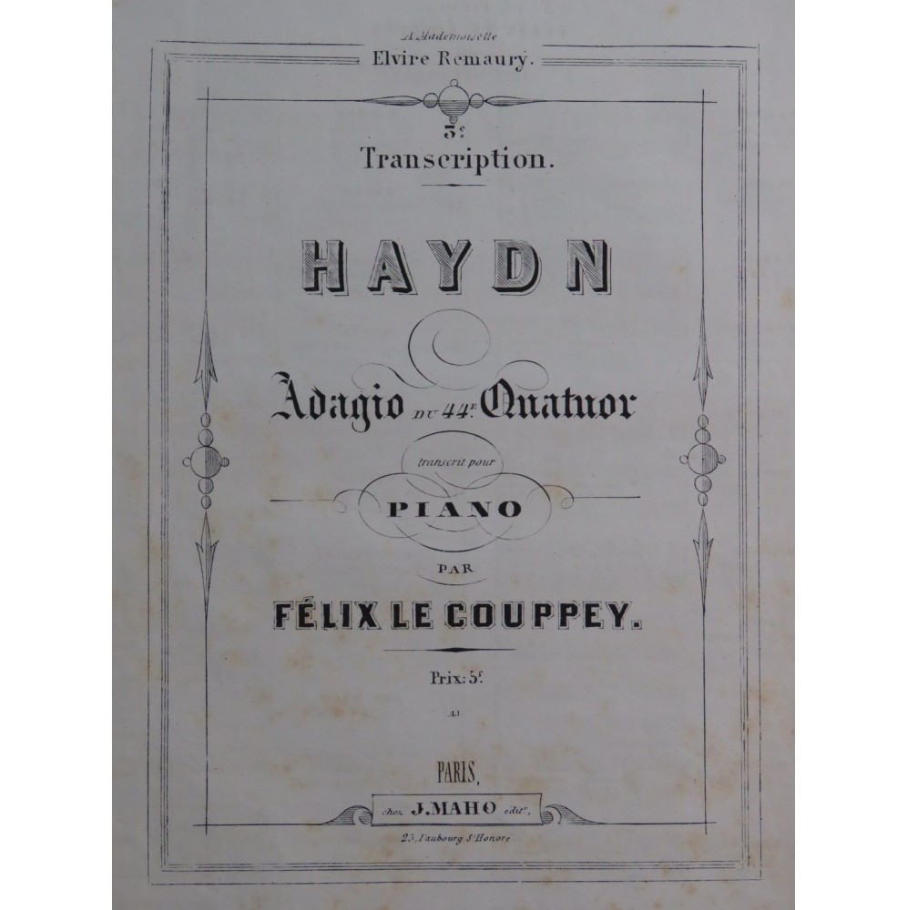 HAYDN Joseph Adagio du 44e Quatuor F. Le Couppey Piano ca1870