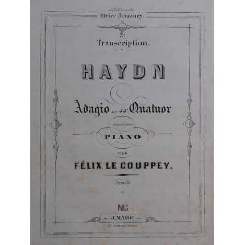 HAYDN Joseph Adagio du 44e Quatuor F. Le Couppey Piano ca1870