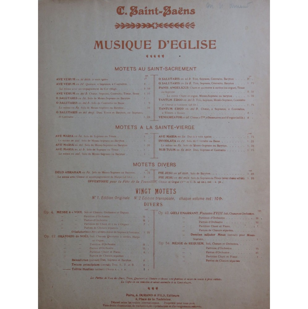 SAINT-SAËNS Camille Tollite Hostias Chant Piano 1928