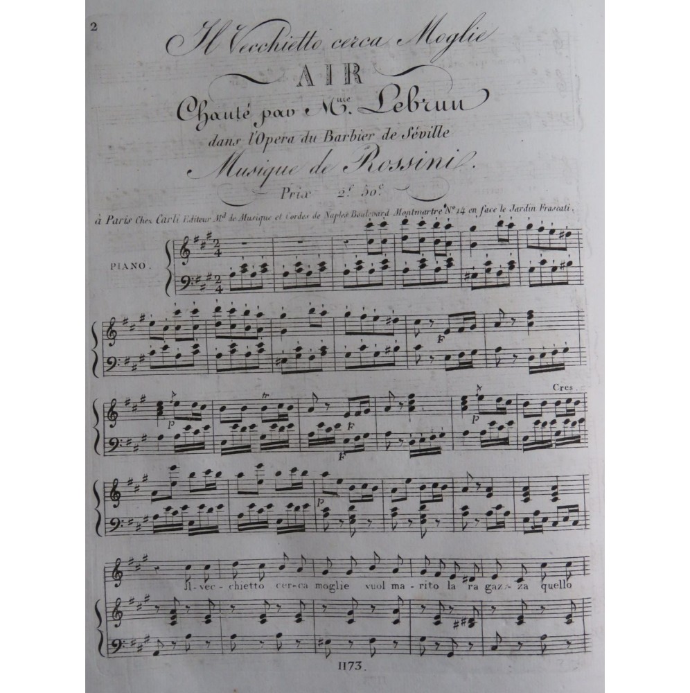 ROSSINI G. Il Barbiere di Siviglia Air Chant Piano ca1820