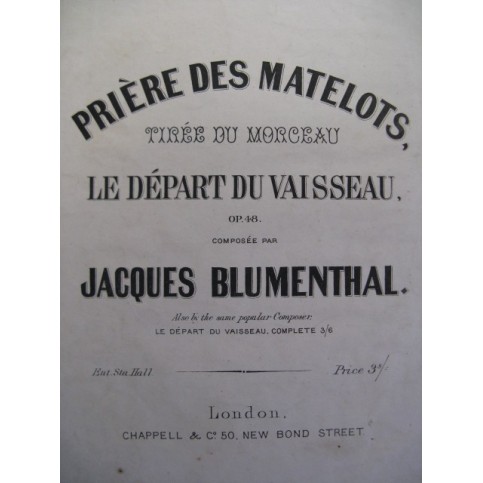 BLUMENTHAL Jacques Prière des Matelots Piano XIXe