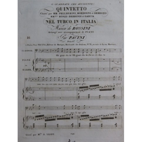 ROSSINI G. Il Turco in Italia No 11 Chant Piano ou Harpe ca1830