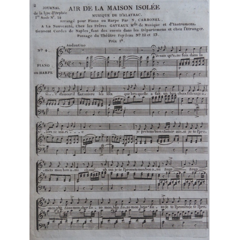 DALAYRAC Nicolas Air de la Maison Isolée Chant Piano ou Harpe ca1820