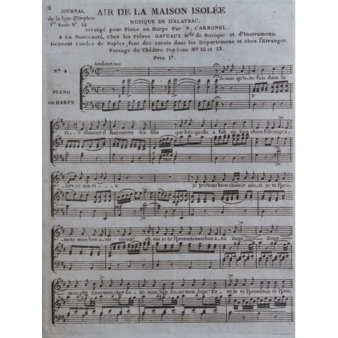 DALAYRAC Nicolas Air de la Maison Isolée Chant Piano ou Harpe ca1820