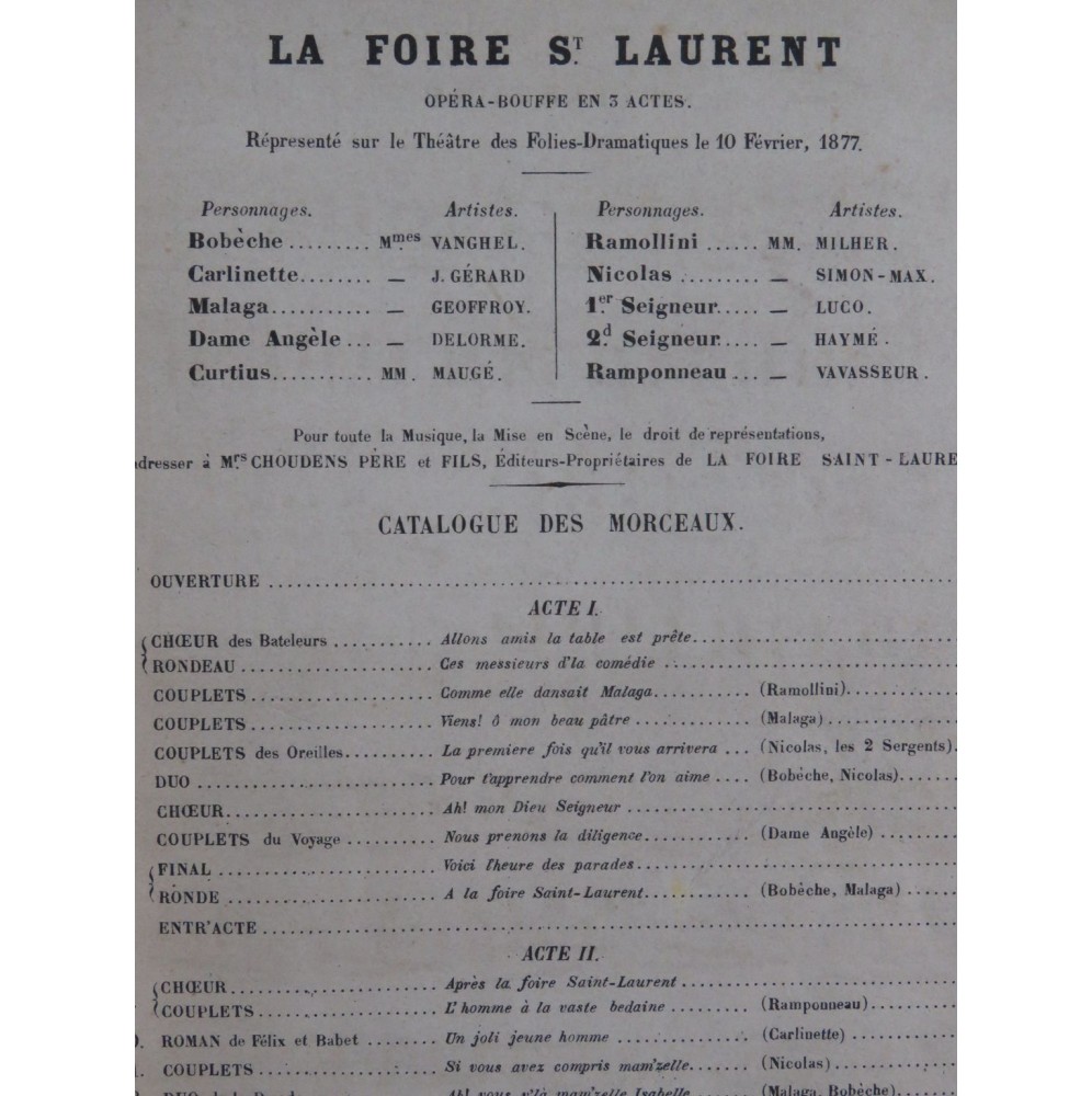OFFENBACH Jacques La Foire St Laurent Opéra Chant Piano 1877