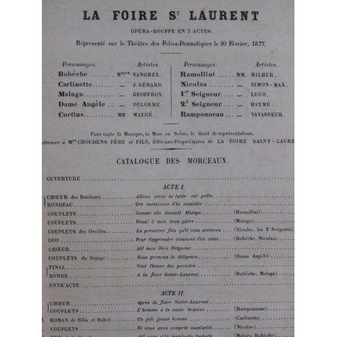 OFFENBACH Jacques La Foire St Laurent Opéra Chant Piano 1877