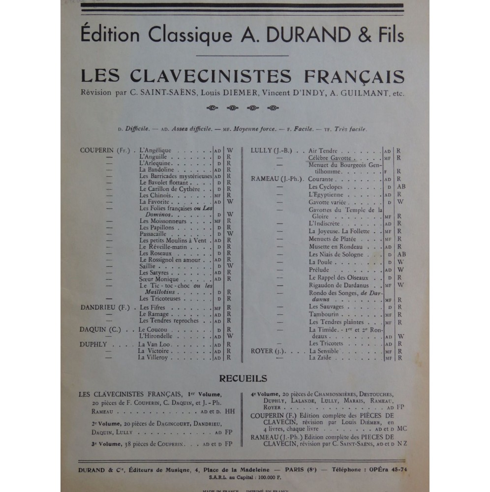 LULLY Jean-Baptiste Gavotte en Rondeau Piano 1968