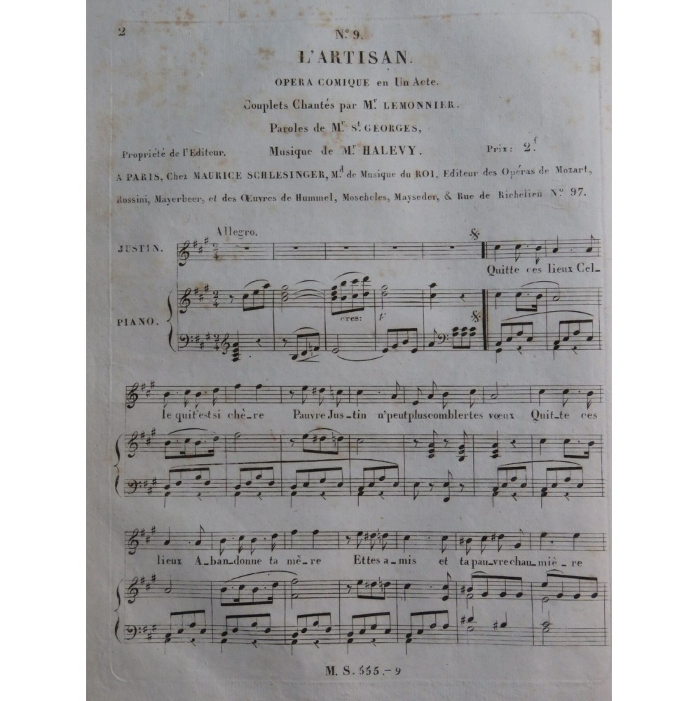 HALÉVY F. L'Artisan Opéra No 9 Chant Piano ca1827