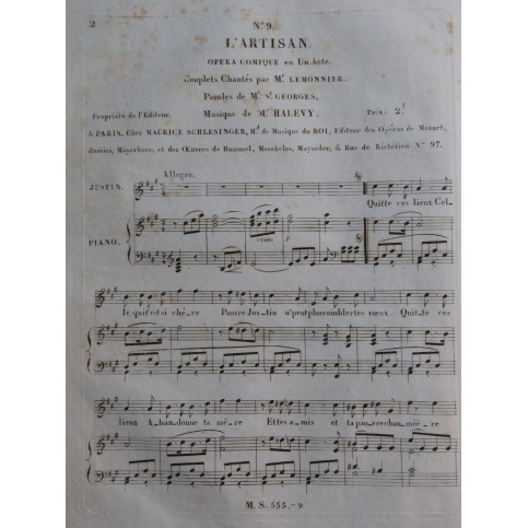HALÉVY F. L'Artisan Opéra No 9 Chant Piano ca1827