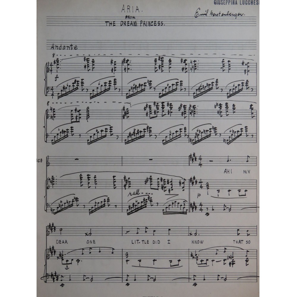 GERSTENBERGER Emil Aria from The Dream Princess Manuscrit Chant Piano