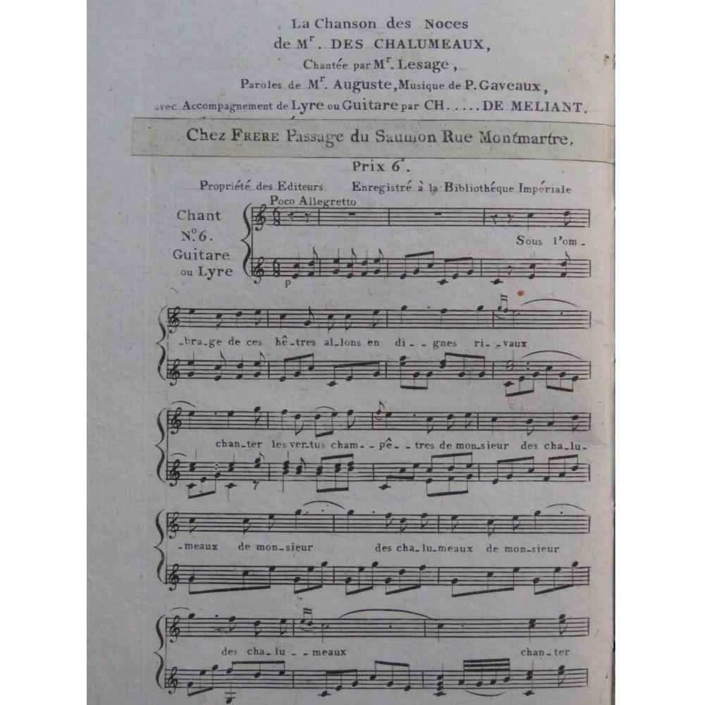 GAVEAUX Pierre La Chanson des Noces Chant Guitare ca1820