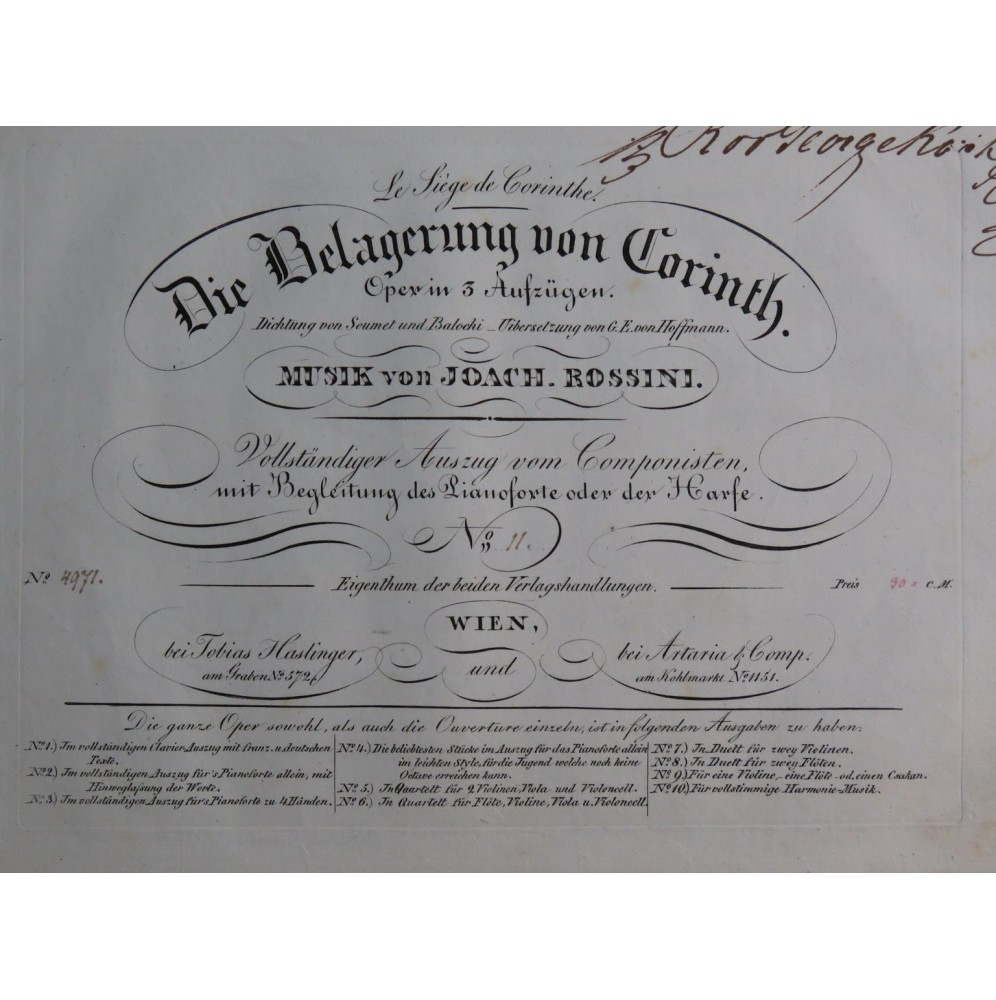 ROSSINI G. Die Belagerung von Corinth No 11 Chant Piano ca1826