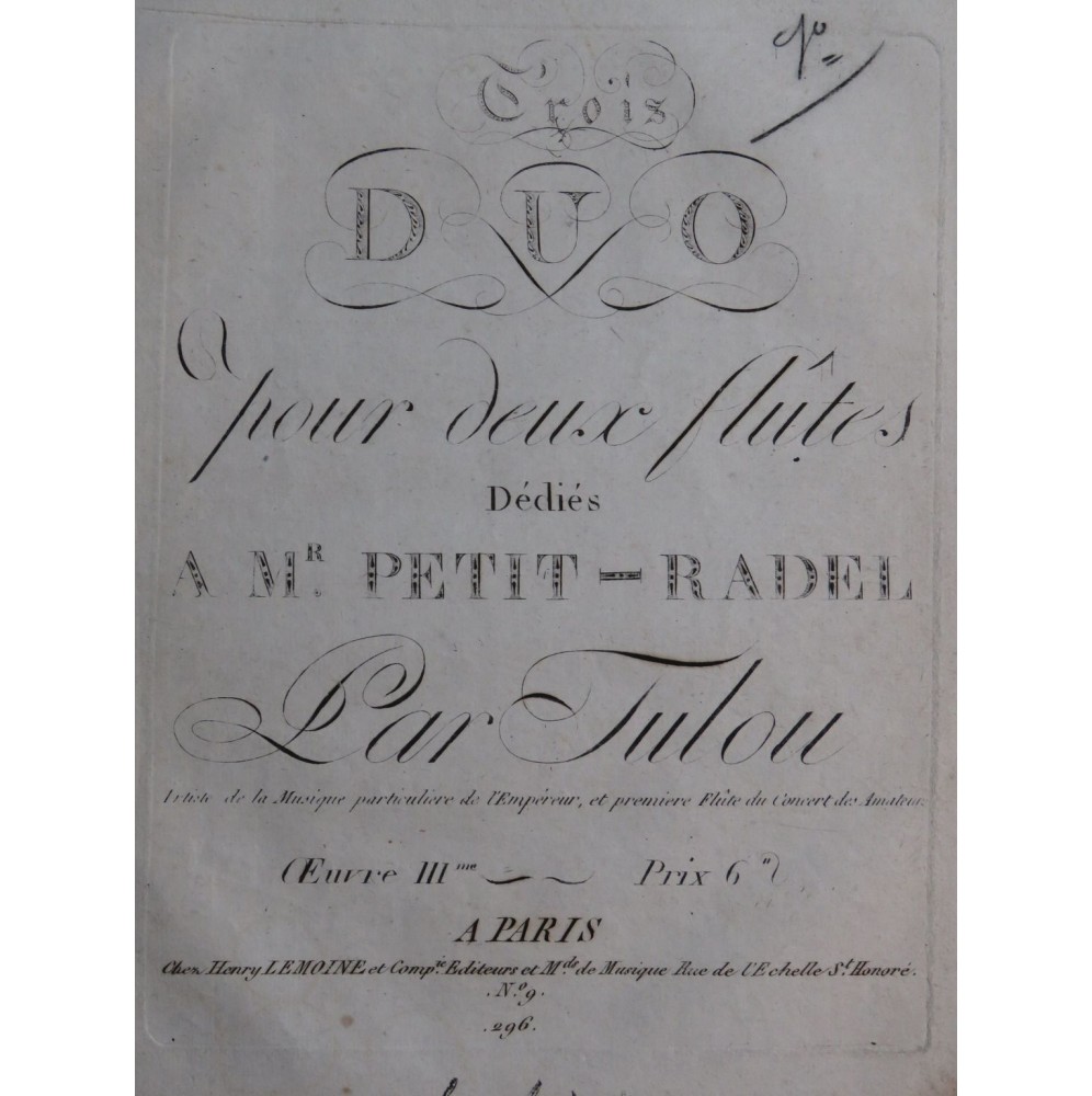 TULOU Jean-Louis Trois Duos op 3 1er Violon ca1815