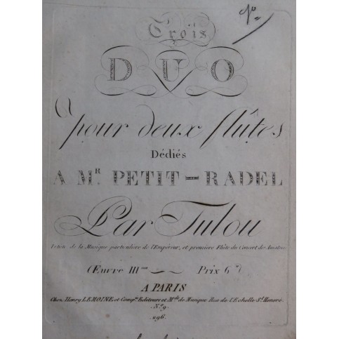 TULOU Jean-Louis Trois Duos op 3 1er Violon ca1815