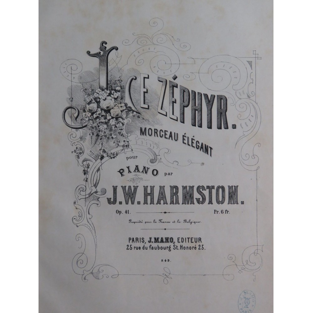 HARMSTON J. W. Le Zéphyr op 41 Piano ca1870