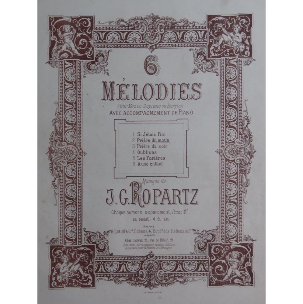 ROPARTZ Joseph Guy Prière du Matin op 11 Chant Piano XIXe