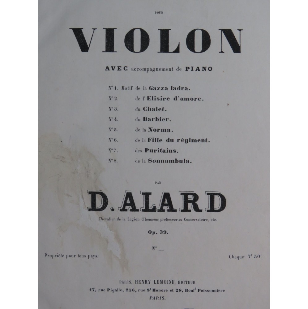 ALARD Delphin Fantaisie sur La Somnambula op 39 No 8 Piano Violon XIXe