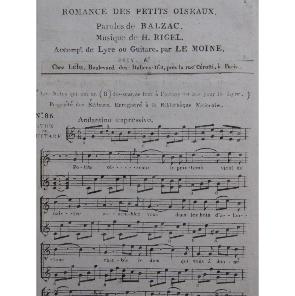 RIGEL H. La Romance des Petits Oiseaux Chant Guitare ca1820