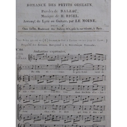 RIGEL H. La Romance des Petits Oiseaux Chant Guitare ca1820