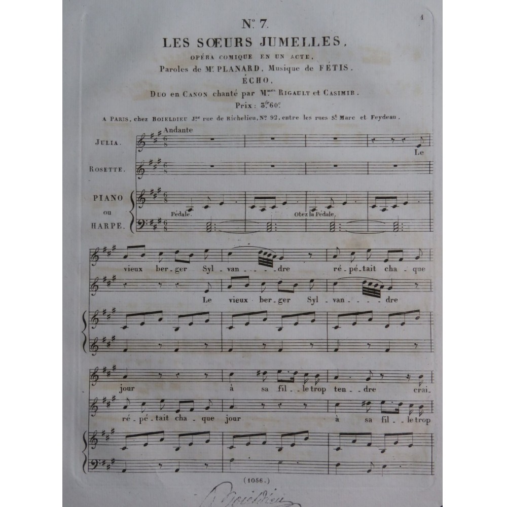FÉTIS François-Joseph Les Soeurs Jumelles No 7 Chant Piano ou Harpe ca1825