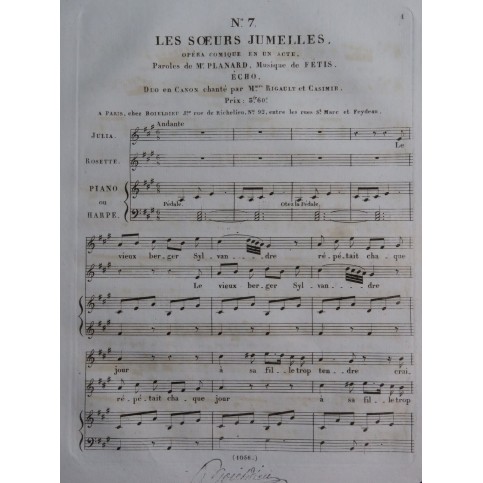 FÉTIS François-Joseph Les Soeurs Jumelles No 7 Chant Piano ou Harpe ca1825