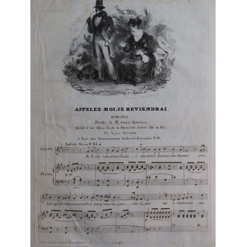 PANSERON Auguste Appelez moi, je reviendrai Chant Piano ca1830