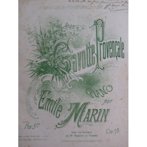 MARIN Emile Gavotte Provençale op 75 Dédicace Piano XIXe