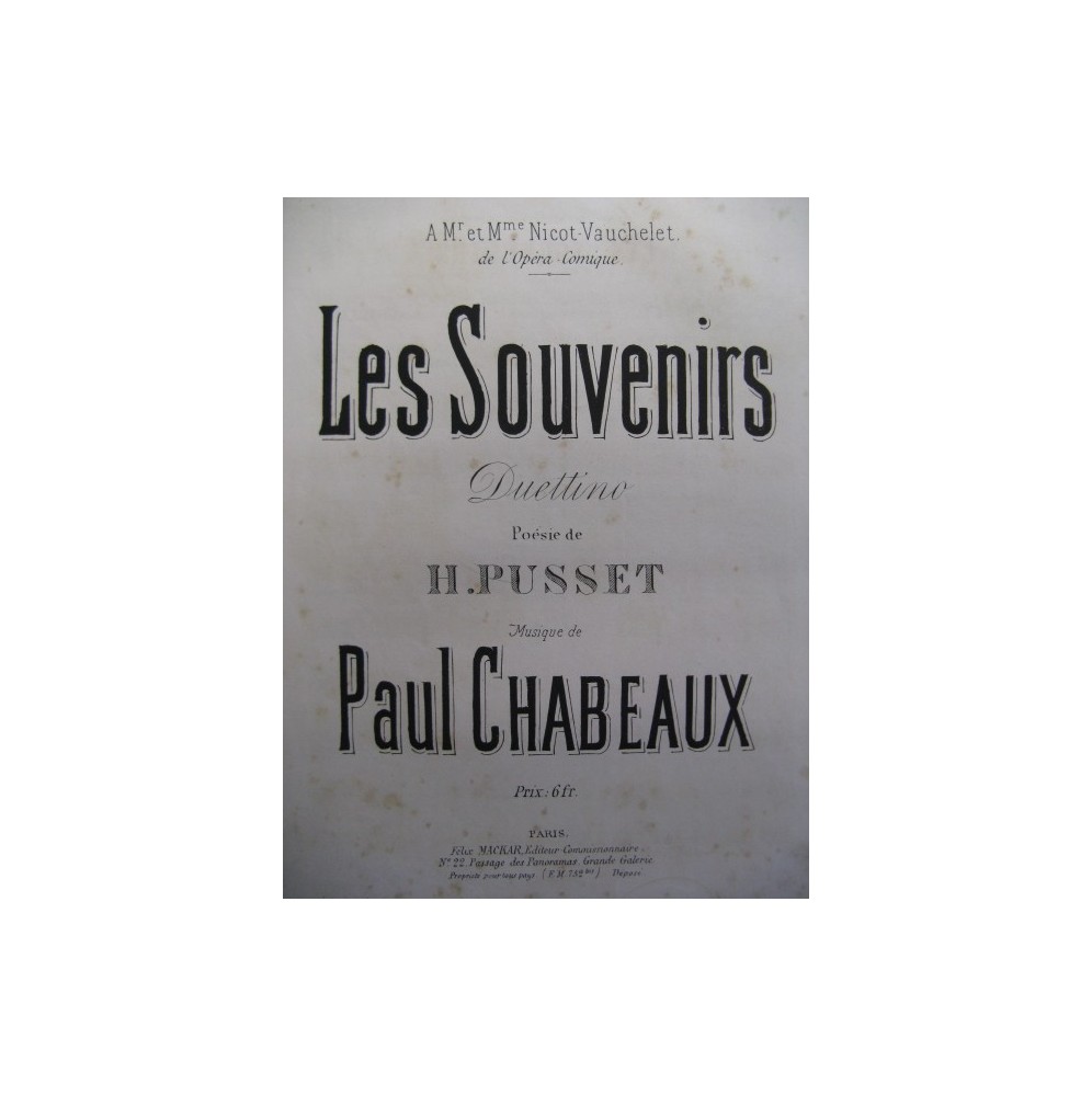 CHABEAUX Paul Les Souvenirs Chant Piano ca1880