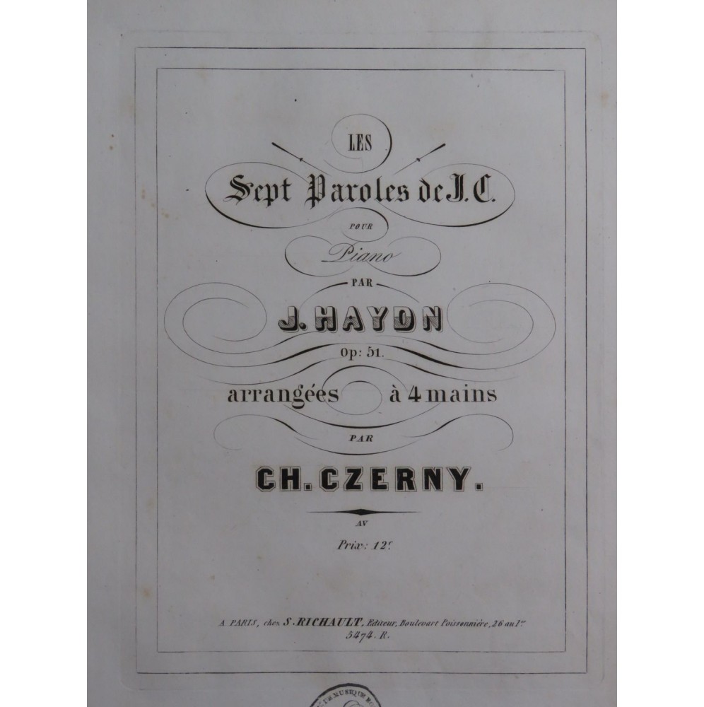 CZERNY Charles Les Sept Paroles de J. C. J. Haydn Piano 4 mains ca1845