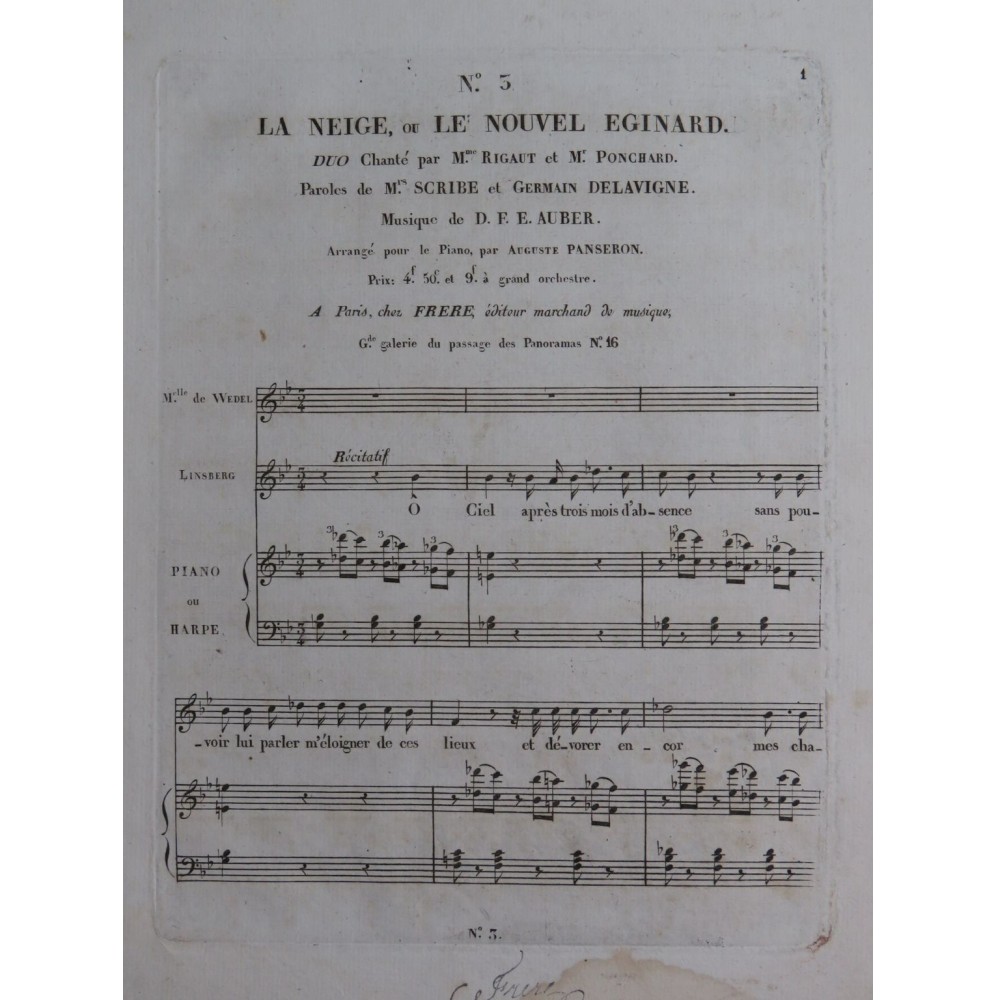 AUBER D. F. E. La Neige ou Le Nouvel Eginard No 3 Chant Harpe ou Piano ca1825
