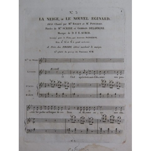 AUBER D. F. E. La Neige ou Le Nouvel Eginard No 3 Chant Harpe ou Piano ca1825