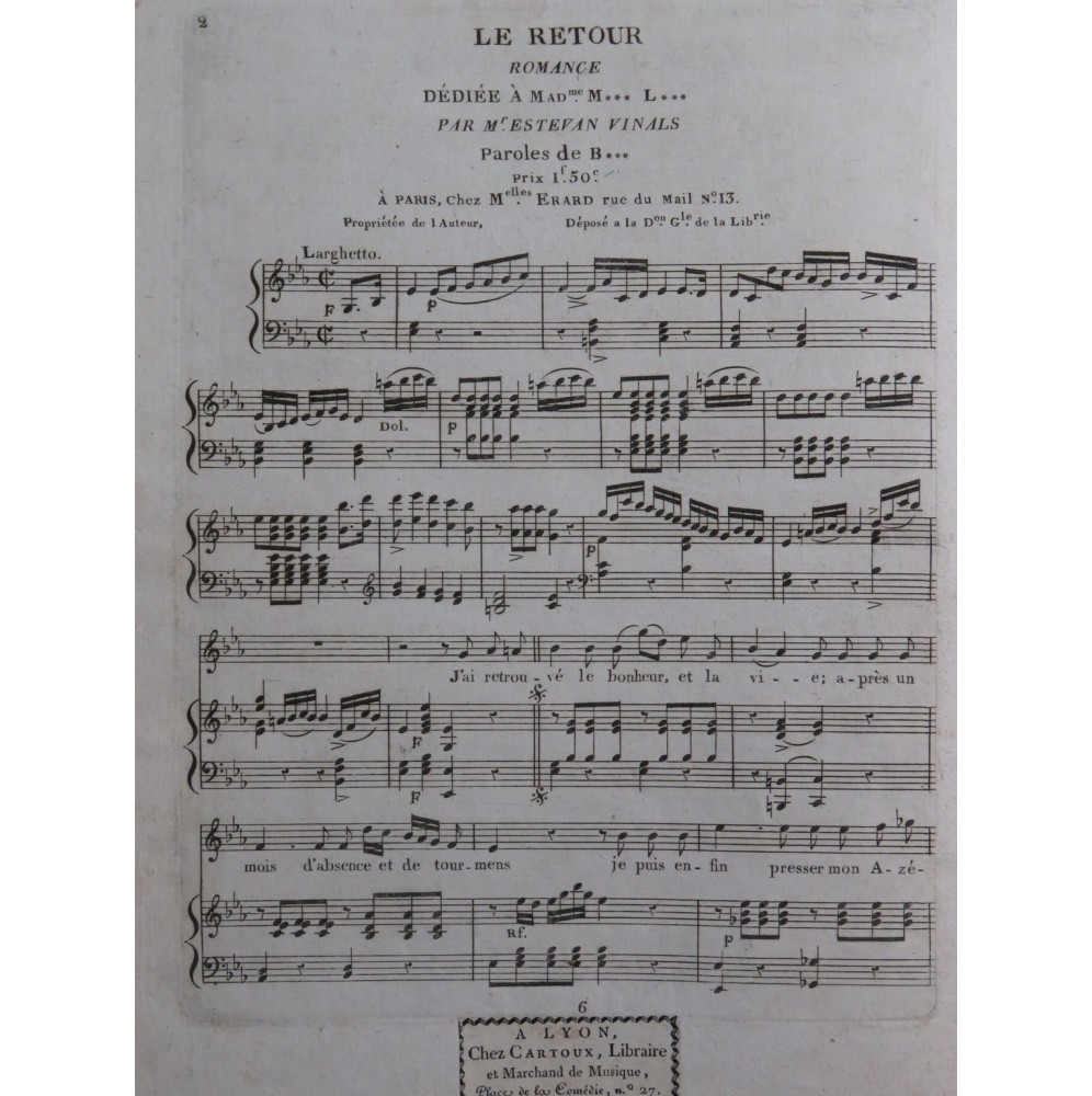 VINALS Estevan Le Retour Chant Piano ca1830