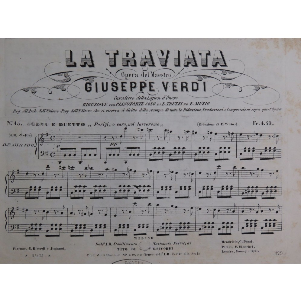 VERDI GIuseppe La Traviata No 15 Piano ca1853