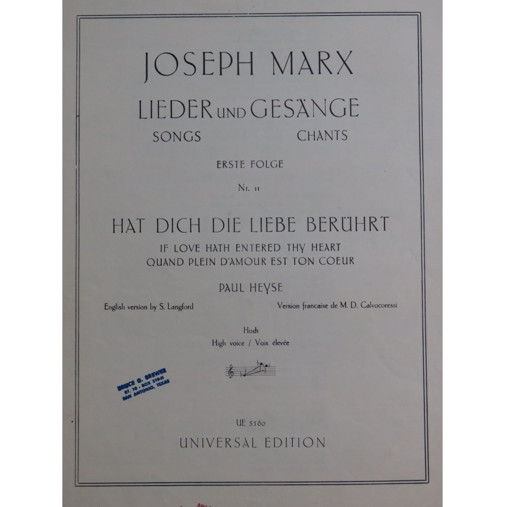 MARX Joseph Hat dich die liebe Berührt Chant Piano 1938