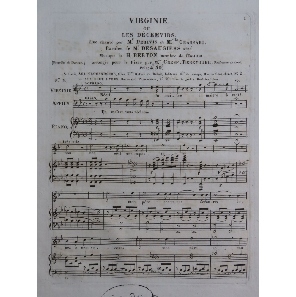 BERTON H. Virginie ou Les Décemvirs No 8 Chant Piano ca1830