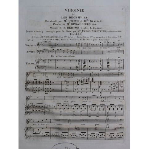 BERTON H. Virginie ou Les Décemvirs No 8 Chant Piano ca1830