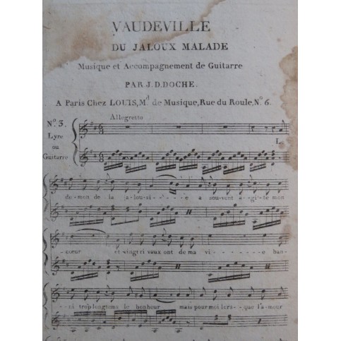 DOCHE J. D. Vaudeville du Jaloux Malade Chant Guitare ou Lyre ca1810