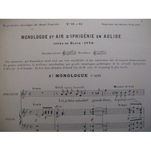 GLUCK C. W. Iphigénie en Tauride Monologue Chant Piano XIXe