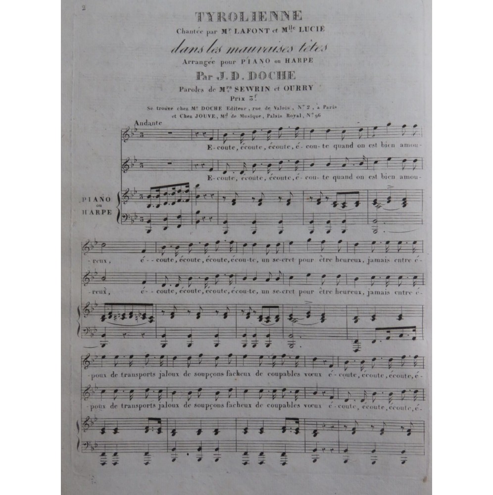 DOCHE J. D. Tyrolienne Chant Piano ou Harpe ca1820