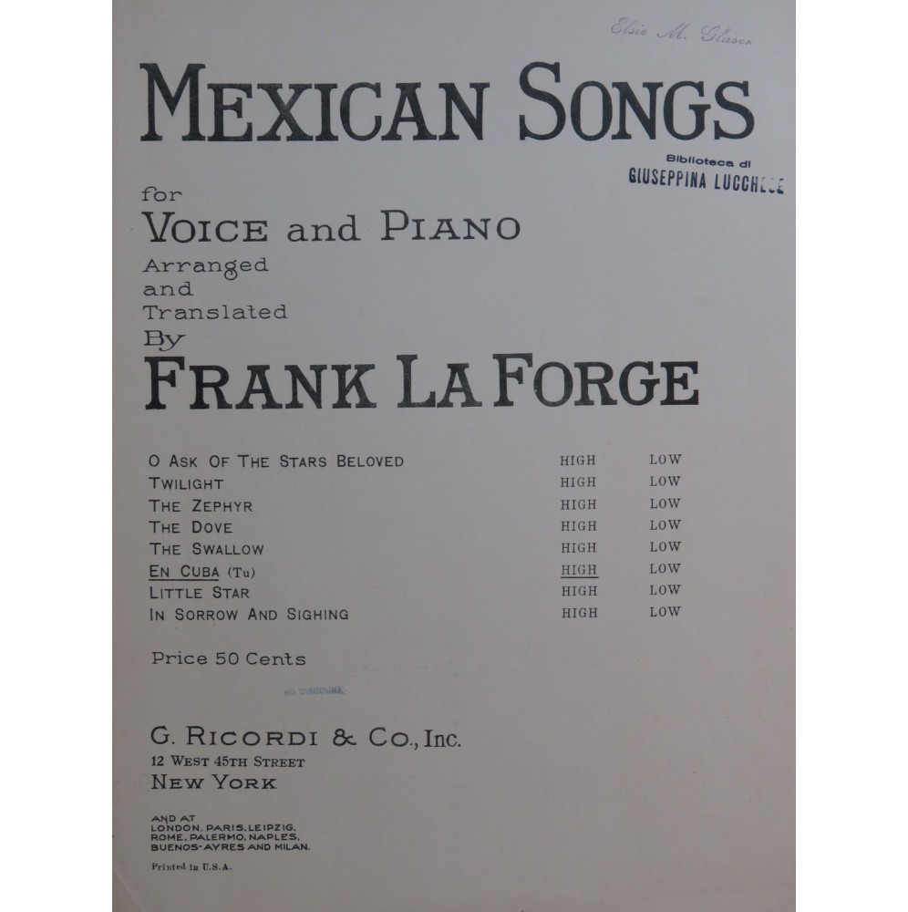 LA FORGE Frank En Cuba Chant Piano 1923