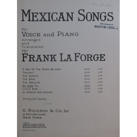 LA FORGE Frank En Cuba Chant Piano 1923