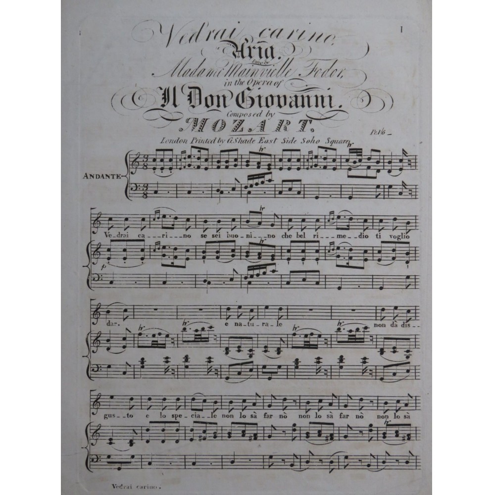 MOZART W. A. Don Giovanni Aria Chant Piano ca1840
