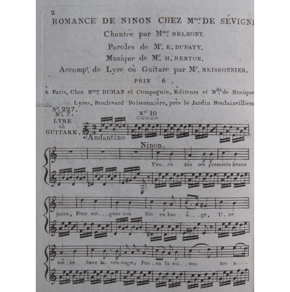BERTON Henri Ninon chez Madame de Sévigné No 7 Chant Guitare ca1810