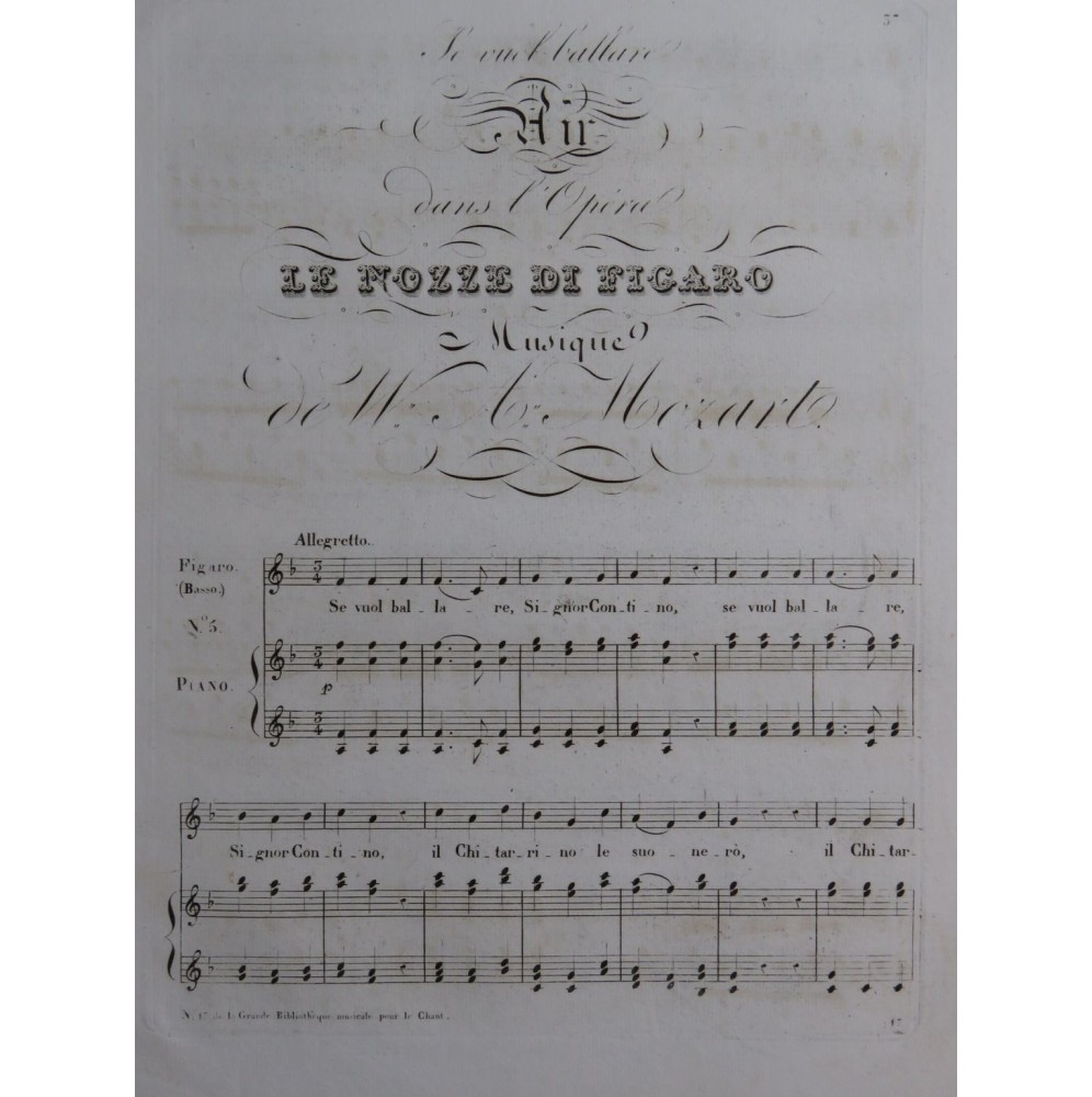 MOZART W. A. Le Nozze di Figaro No 5 Air Chant Piano XIXe