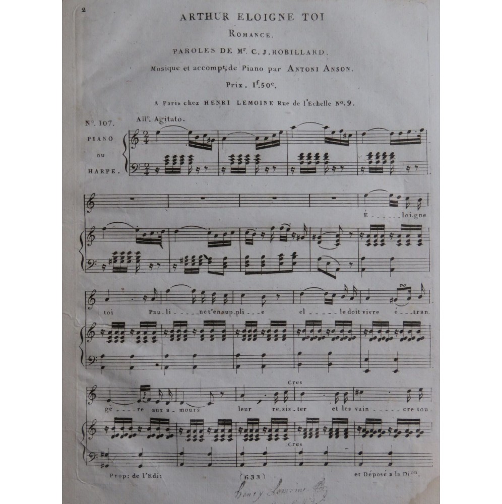 ANSON Antoni Arthur Eloigne toi Chant Piano ou Harpe ca1825