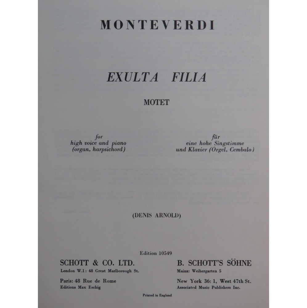 MONTEVERDI Claudio Exulta Filia Chant Piano ou Orgue ou Clavecin 1960