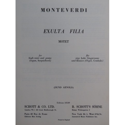 MONTEVERDI Claudio Exulta Filia Chant Piano ou Orgue ou Clavecin 1960
